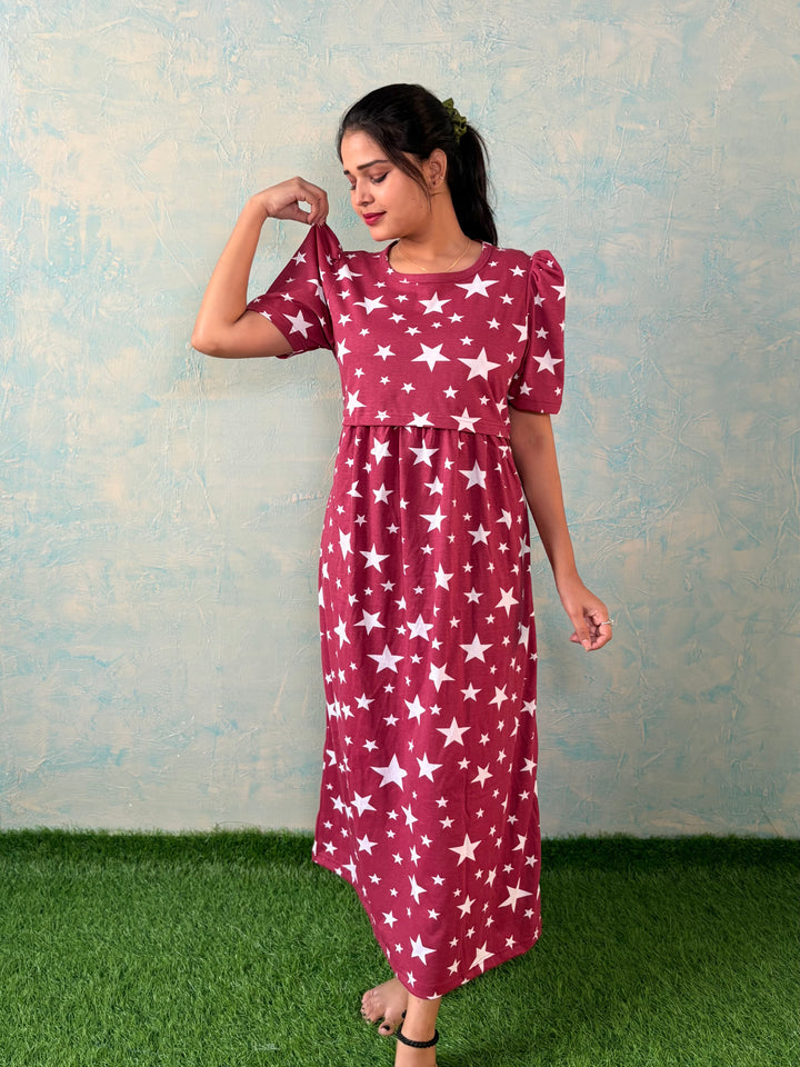Maroon Star - Zipless Maternity and feeding wear - Midi length