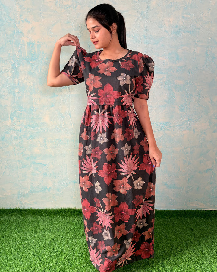 Brown Flowers - Zipless Maternity & feeding wear - Full length