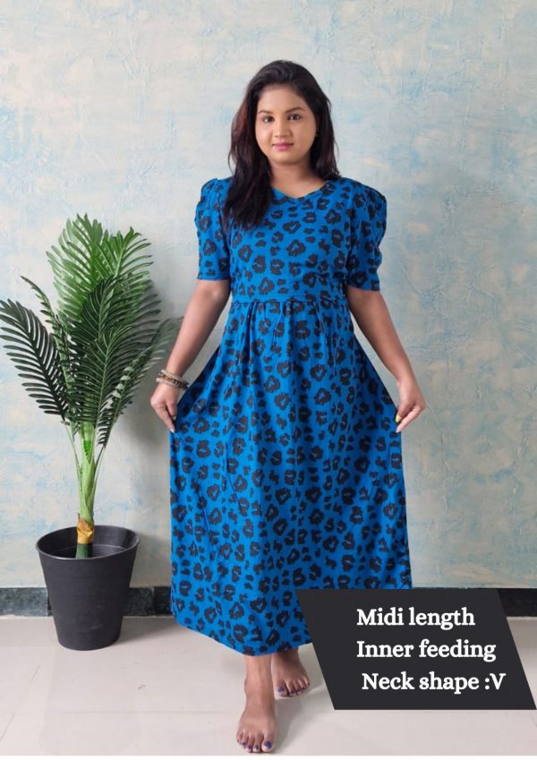 Chinese blue Maternity and feeding wear Midi length With puff Sleeve